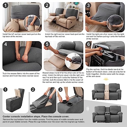 Image of Genina Recliner Loveseat Covers, Stretch Reclining Sofa Covers, 2 Seater Couch Cushion Stripe Jacquard Recliner Slipcovers - Furniture Protector Covers for Pet Kid (Taupe)