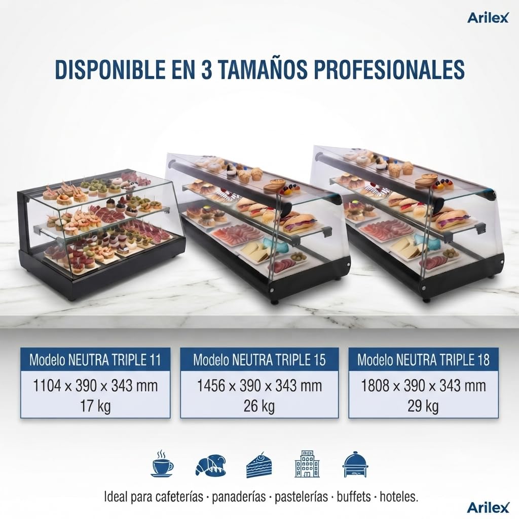Vitrina Expositora Neutra de Cristal 180,8 x 39 x 34,3 cm, 3 Niveles, Acero Inoxidable, para Bar y Mostrador