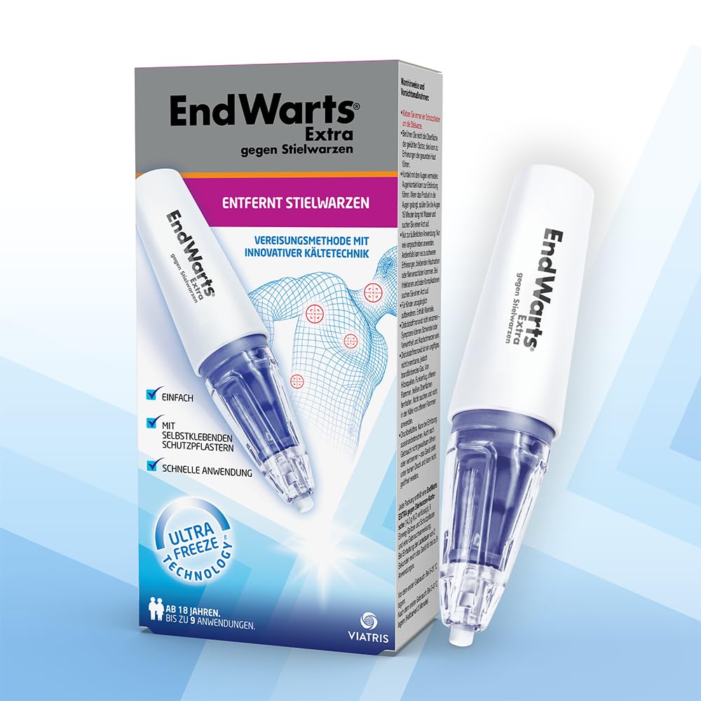EndWarts EXTRA: Stielwarzen behandeln, Vereisungsmittel zur Behandlung von Stielwarzen an Hals, Brust & Achseln, 9-Einweg-Spitzen & 9 Pflaster, Aufnäher,Spray