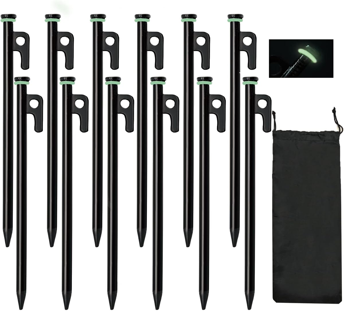 Tent Stakes, 12Pcs 10in Heavy Duty Forged Steel Tent Stakes +Storage Pouch, Used on Rocks, Snowfield, Dessert, Stormy Weather (12Pcs 10in Stakes)