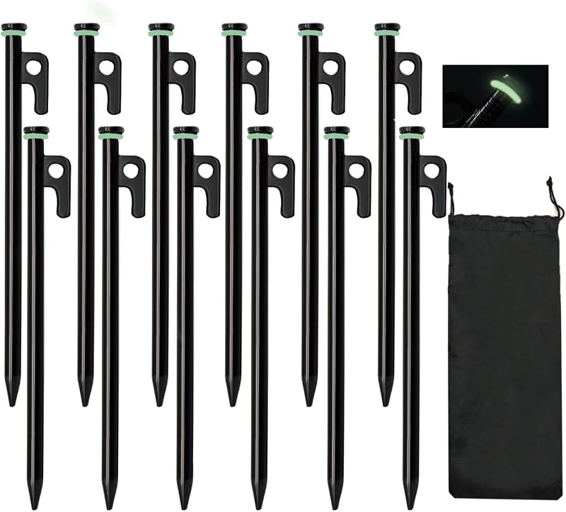 Tent Stakes, 12Pcs 10in Heavy Duty Forged Steel Tent Stakes +Storage Pouch, Used on Rocks, Snowfield, Dessert, Stormy Weather (12Pcs 10in Stakes)