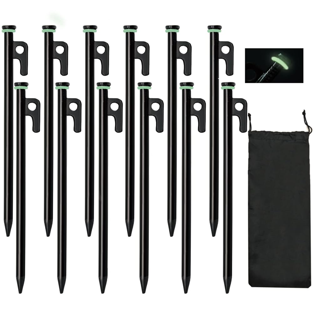 Tent Stakes, 12Pcs 10in Heavy Duty Forged Steel Tent Stakes +Storage Pouch, Used on Rocks, Snowfield, Dessert, Stormy Weather (12Pcs 10in Stakes)