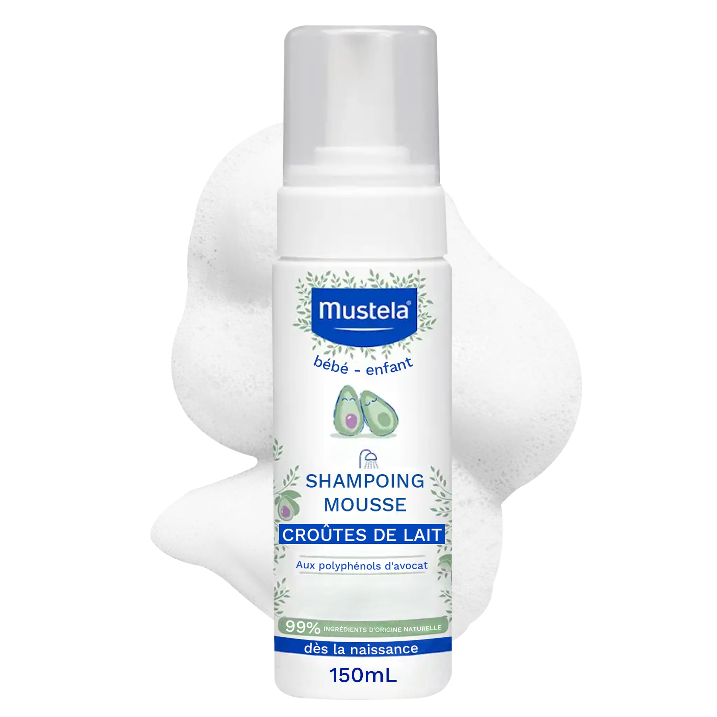 Mustela - Shampoing Mousse Nourrisson - Nettoyage Doux - Aide à Éliminer les Croûtes de Lait et Limite leur Réapparition - 99% d'ingrédients d'origine naturelle - sans Parfum - Soin pour Bébé