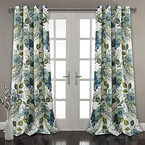 Jody Clarke 2PC Room Darkening Window Curtain Set Flower Paisley Pattern Yellow Blue Green Floral Colors Energy Saver with Bronzw Grommets 104" Wide x 84" Long