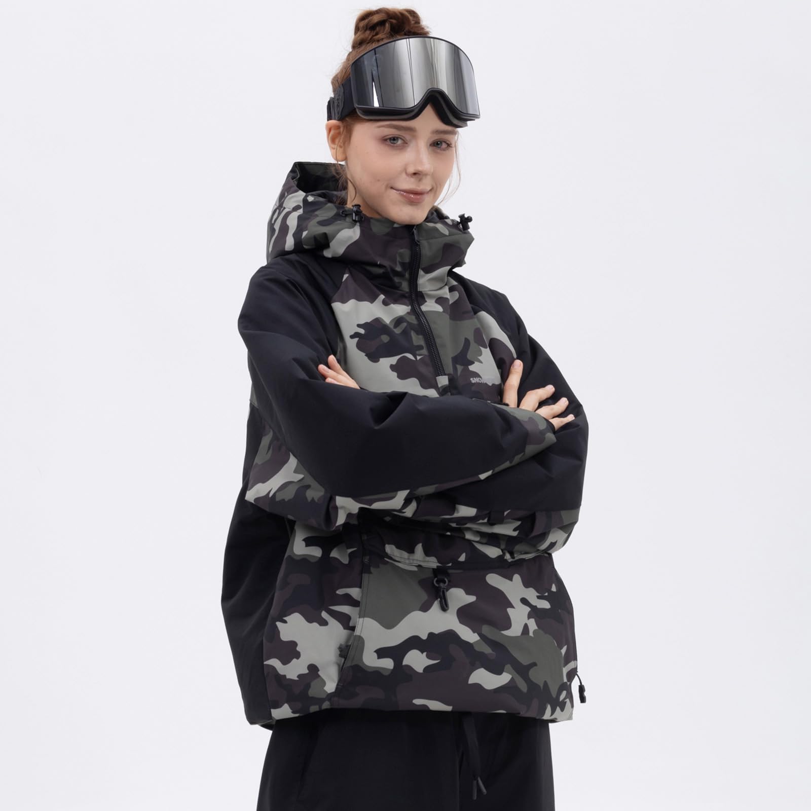 SNOWVERB Damen Snowboard Baggy Anorak halber Reißverschluss Schneejacke Camo Leopard Wasserdicht Mountain Ski Mantel mit Kapuze