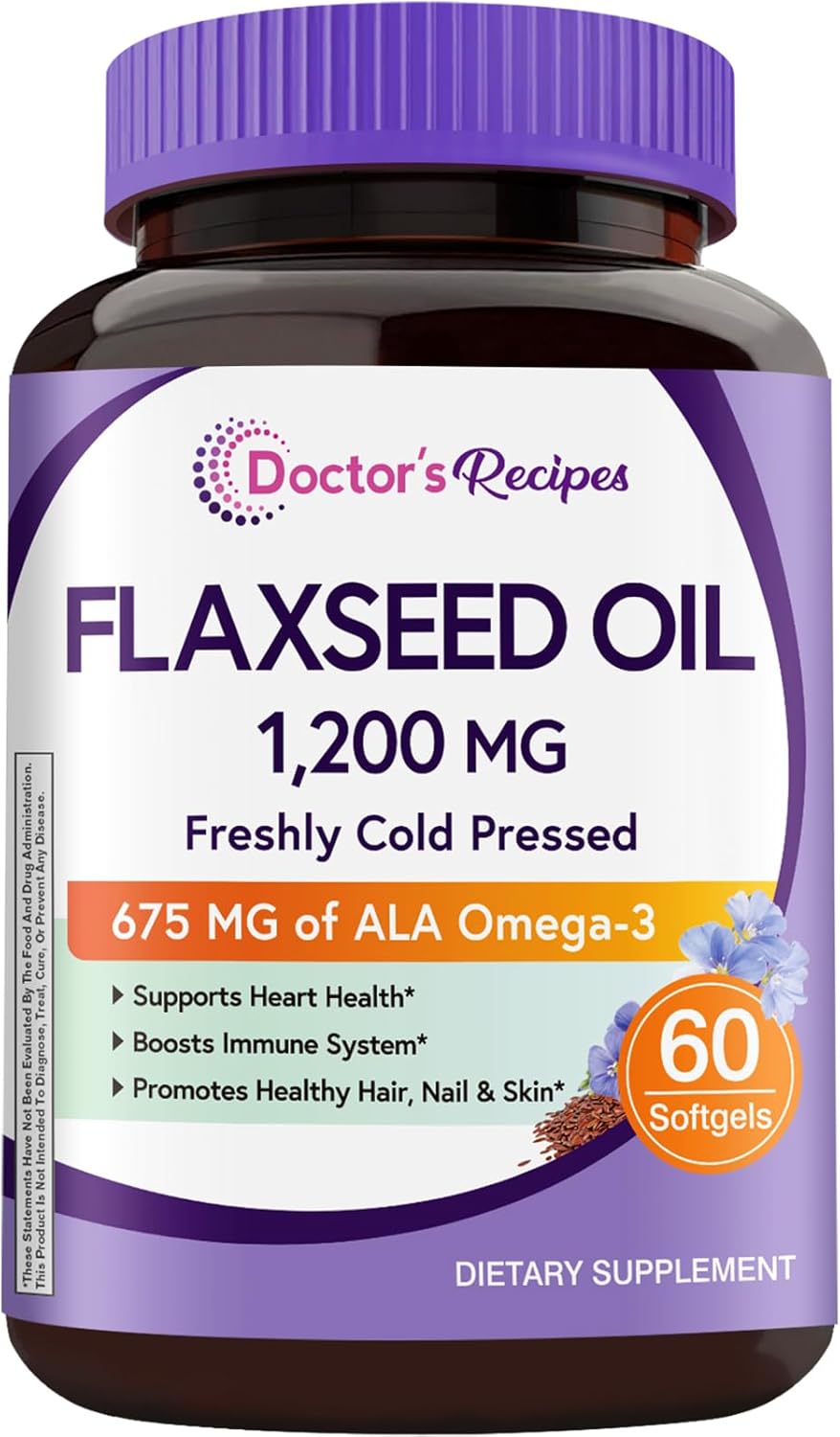 Doctor’s Recipes Flaxseed Oil, 1200 mg, Freshly Cold Pressed, High in ALA, Omega 3 6 9, No Gluten, No Soy, for Heart Health, Non GMO, 60 Softgels Doctor’s Recipes Flaxseed Oil, 1200 mg, Freshly Cold Pressed, High in ALA, Omega 3 6 9, No Gluten, No Soy, for Heart Health, Non GMO, 60 Softgels