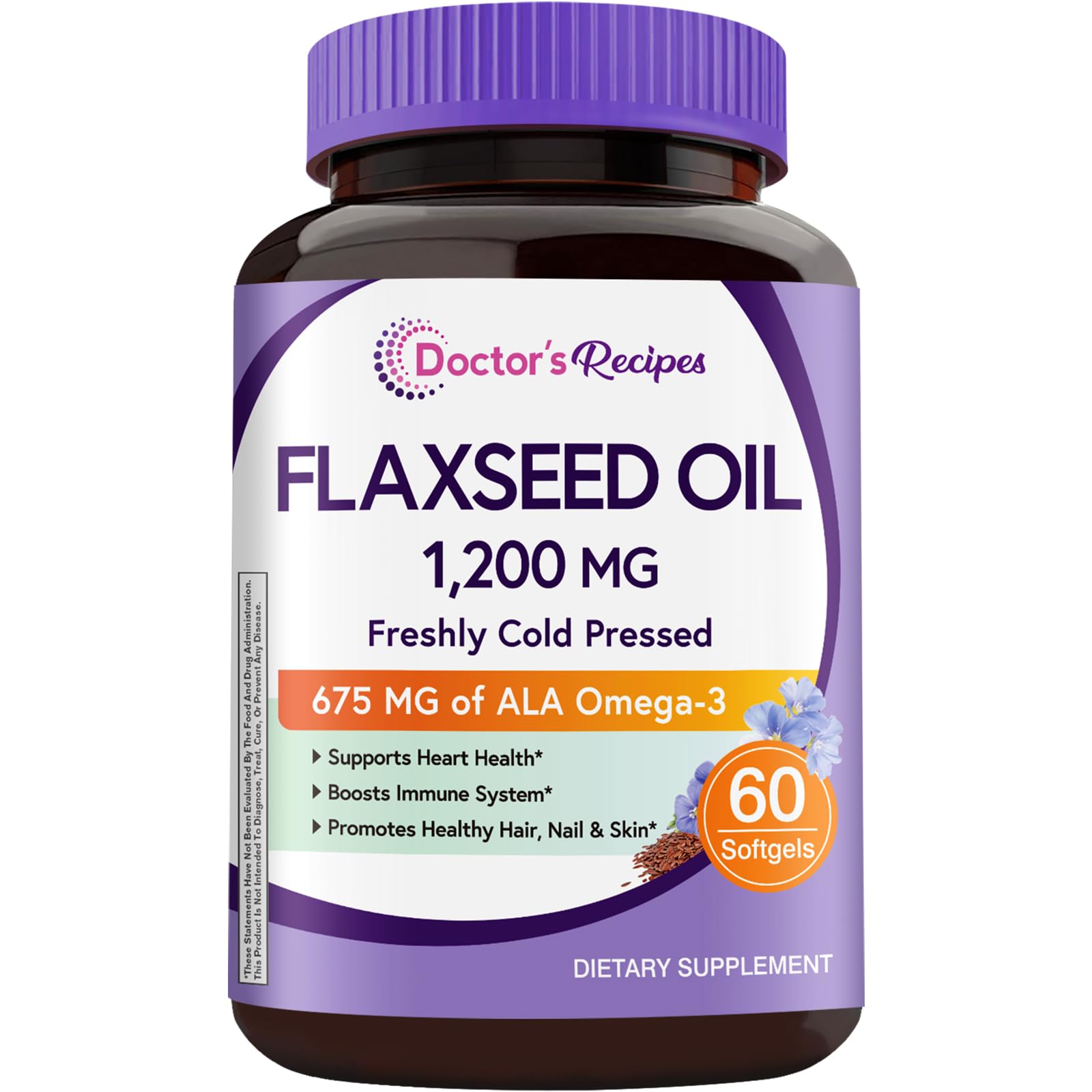Doctors Recipes Flaxseed Oil 1200 mg Freshly Cold Pressed High in ALA Omega 3 6 9 No Gluten