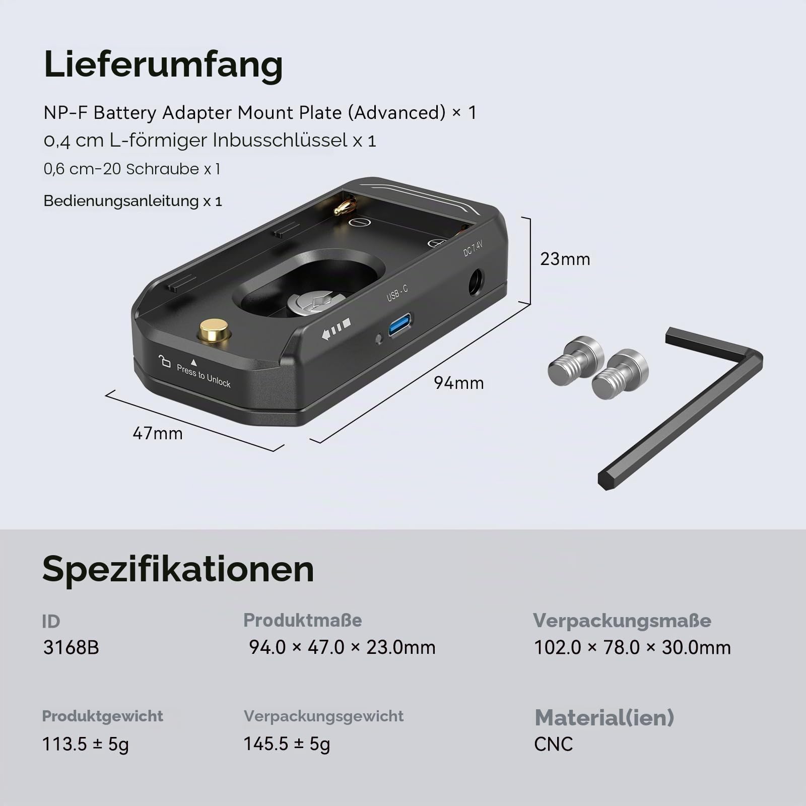 SMALLRIG NP-F Battery Adapter Mount Plate NP-F Akku Adapter Montageplatte für NP-F970, NP-F550, NP-F770, NP-F Akku-Adapterplatte für Sony, für BMPCC 4K, 6K, 6K Pro, für Canon R5 C (Advanced) – 3168B