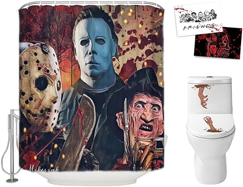 Juego de cortinas de ducha de Halloween para baño, Freddy Jason Michael, asesino aterrador, decoración de tela de poliéster con ganchos y