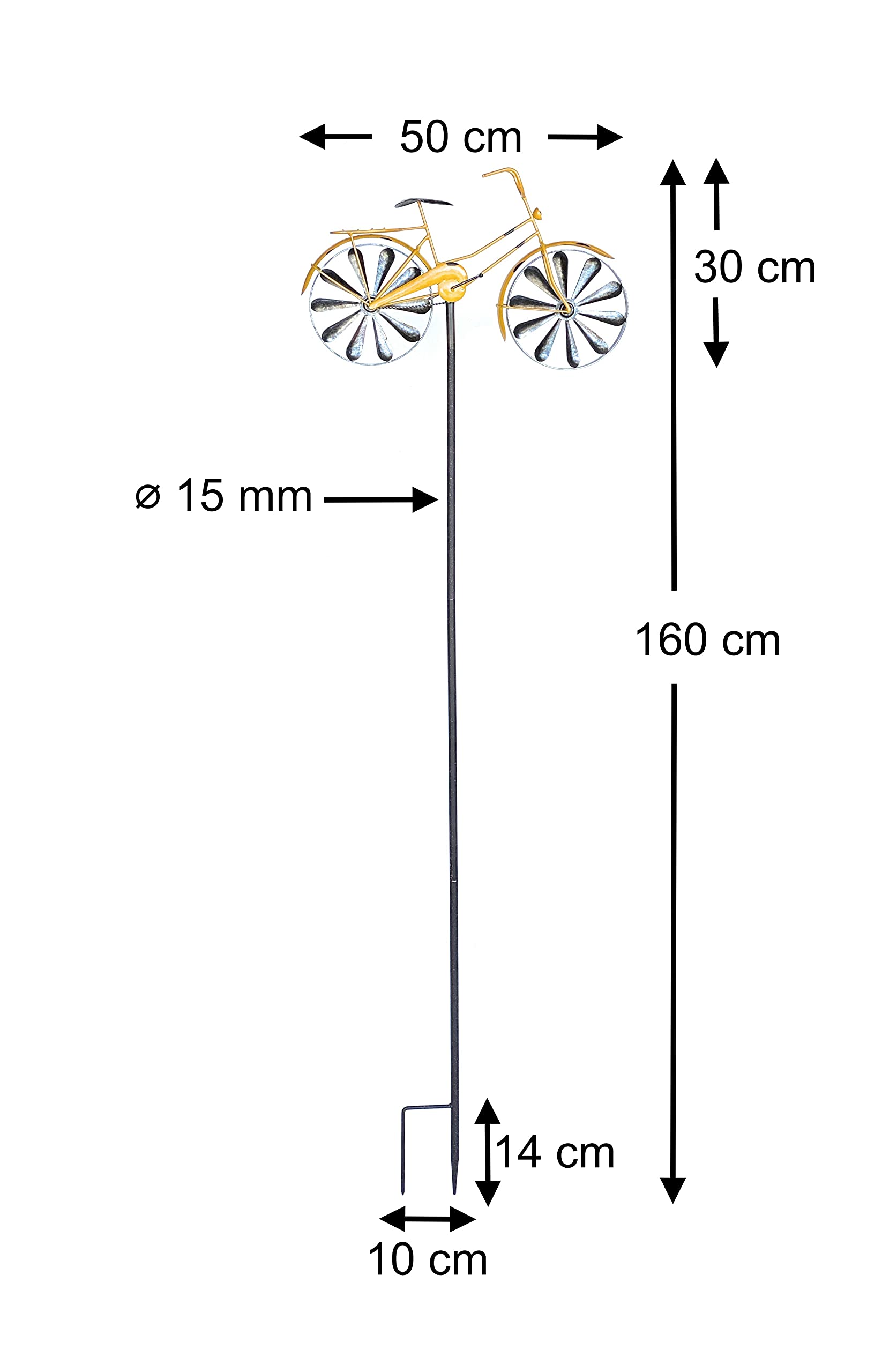 DanDiBo Paletto da giardino in metallo per bicicletta, XL, 160 cm, giallo 96101, con girandola a vento, resistente alle intemperie, decorazione da giardino, asta da giardino