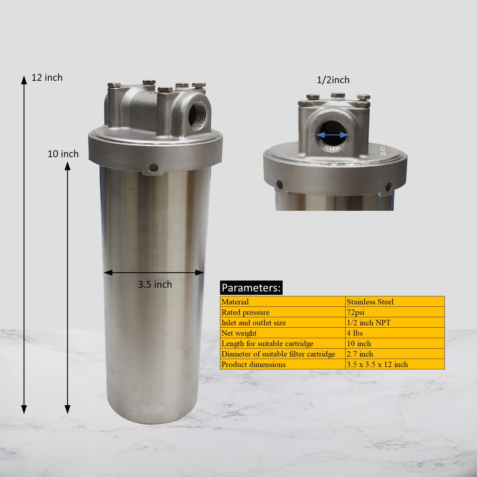 BEILOCKERY 10 inch Heavy-Duty Water Filter Shell Housing Water Filter System Compatible Stainless Steel 1/2 inch NPT Inlet with Bracket and Wrench Pin