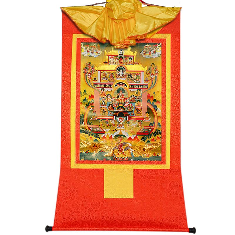 Gandhanra Tibetan Buddhist Thangka Wall Hanging,Guru Rinpoche's Pure Land Thangka,Hot Stamped Brocade Buddhist Tapestry for Home Decor, Meditation, Spiritual Relaxation