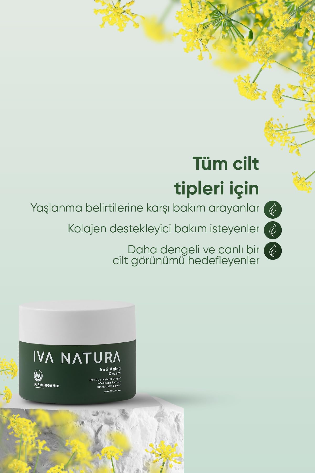 İva Natura Organik Anti-Aging Krem Ölmez Çiçek & Bitkisel Pro-Kolajen Destekli – 50 ml