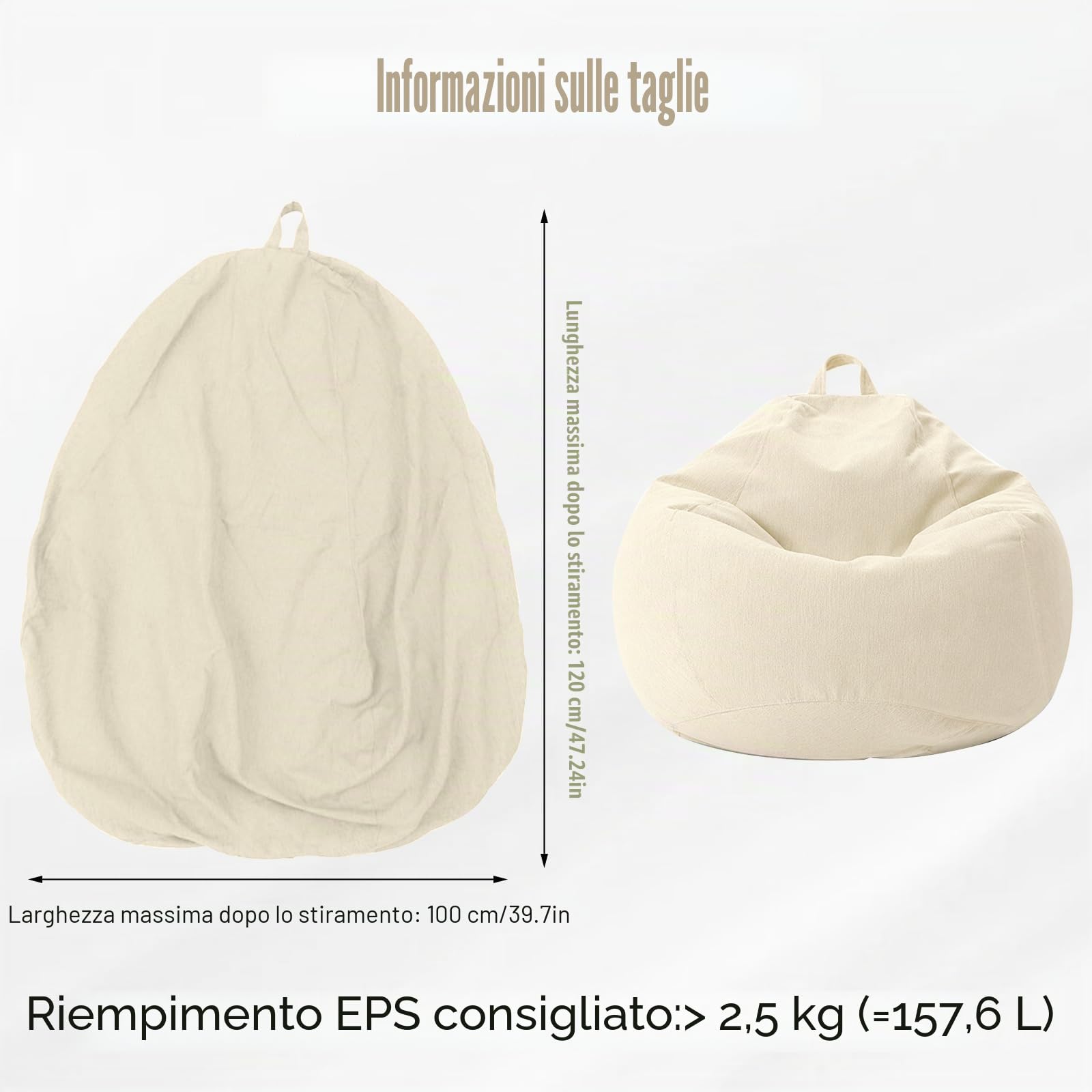 Pouf per bambini e adulti, solo rivestimento (senza imbottitura), sedia a sacco per camera da letto, ufficio, soggiorno, terrazza (beige)