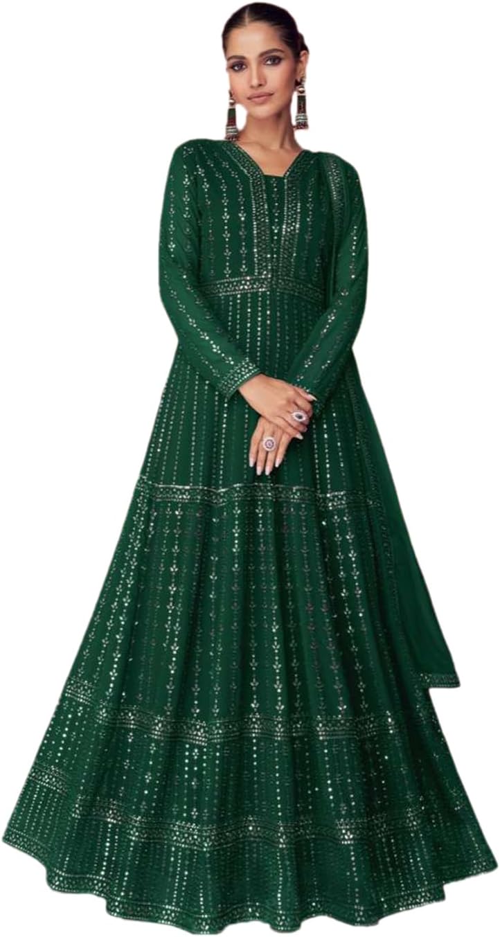 Miss Ethnik Women's Faux Georgette Stitched Top With Unstitched Santoon Bottom and Dupatta Full Sleeve Embroidered Anarkali Gown