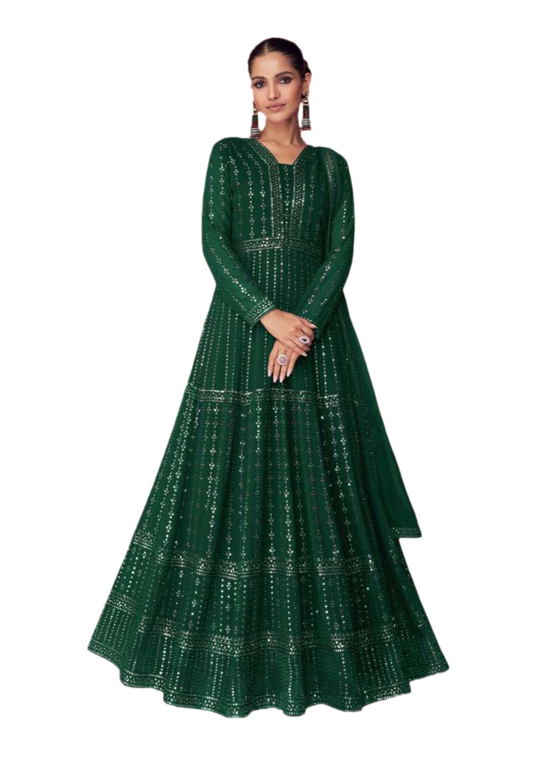 Women's Faux Georgette Stitched Top With Unstitched Santoon Bottom and Dupatta Full Sleeve Embroidered Anarkali Gown