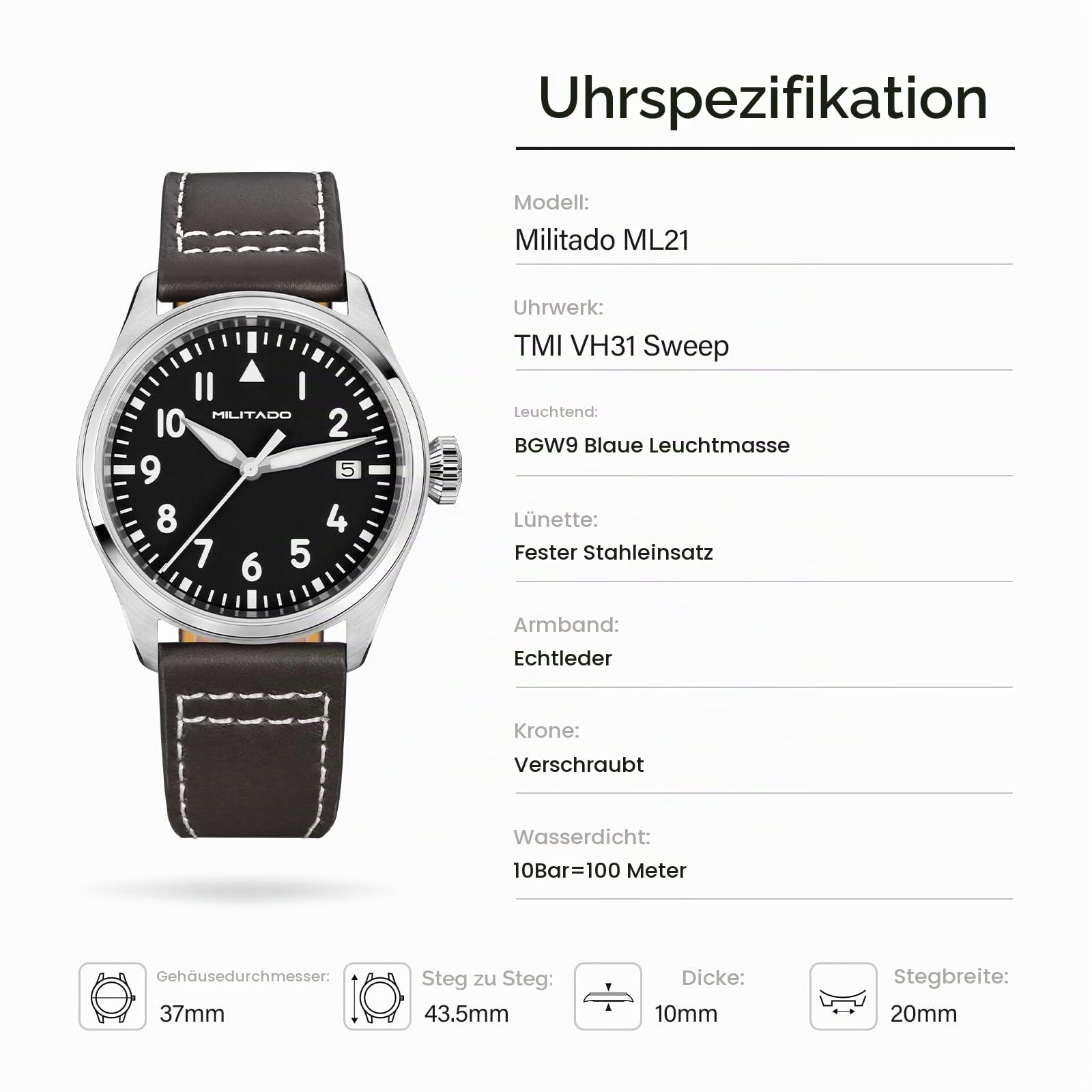 TACTICAL FROG Militado ML21 37 mm Fliegeruhr, VH31 Sweep/515 Quarzwerk, Saphirglas, BGW9 Leuchtmasse, 100 m wasserdichte Herren-Freizeituhr