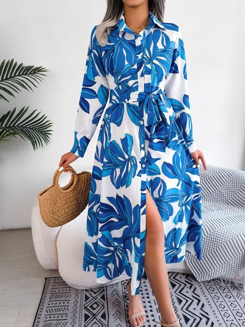 Gufrina Women's Full Sleeve Collar Neck Western Dress - Floral Print Maxi Dress with Slit and Tie-Up Belt (Blue XL)