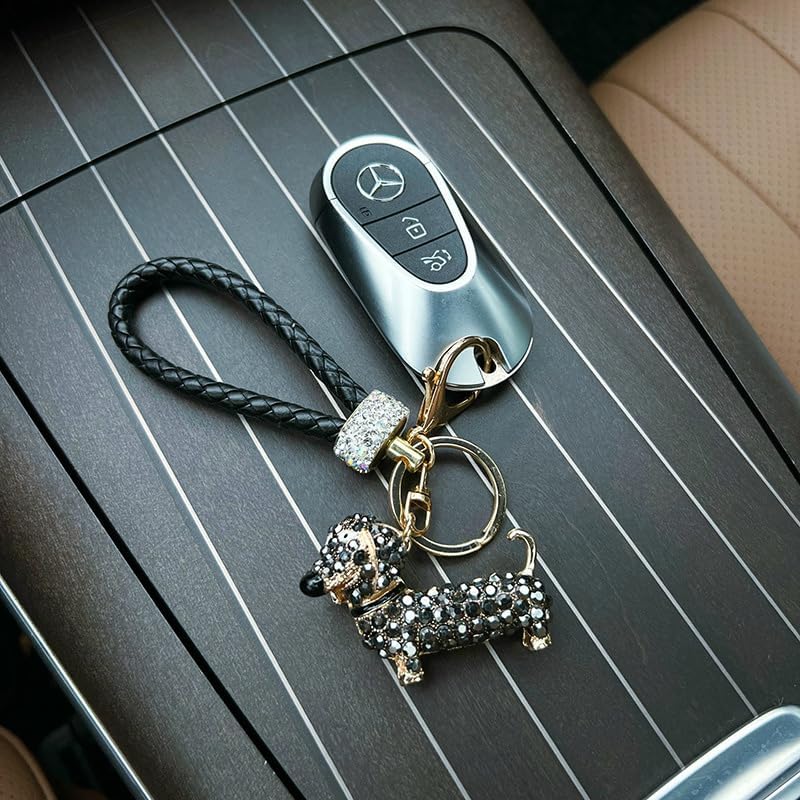 1PC Sparkling Rhinestone Dachshund Keychain - Featuring Black & Golden Chains, Alloy Accents & Lobster Clasp, Playful Dog Jewelry for Car Keys, Backpack Accessories - Image 2