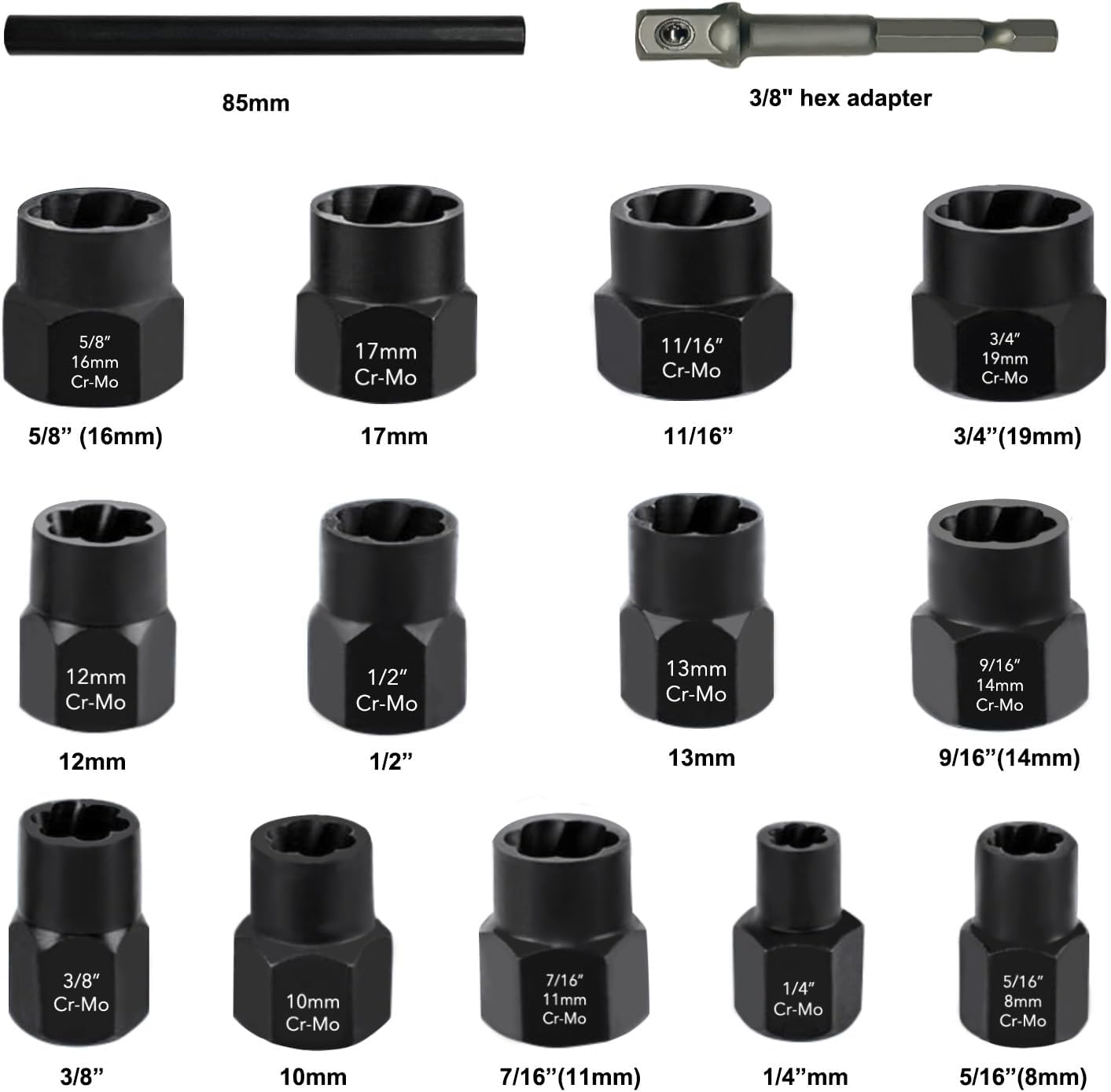 greywolf Bolt Extractor Set, 15 pcs Bolt Extractor Kit with 3/8 Inch Stripped Nut Remover, Easy-to-Remove Bolt Extractor Set for Rusted, Rounded, Damaged Nuts and Screws