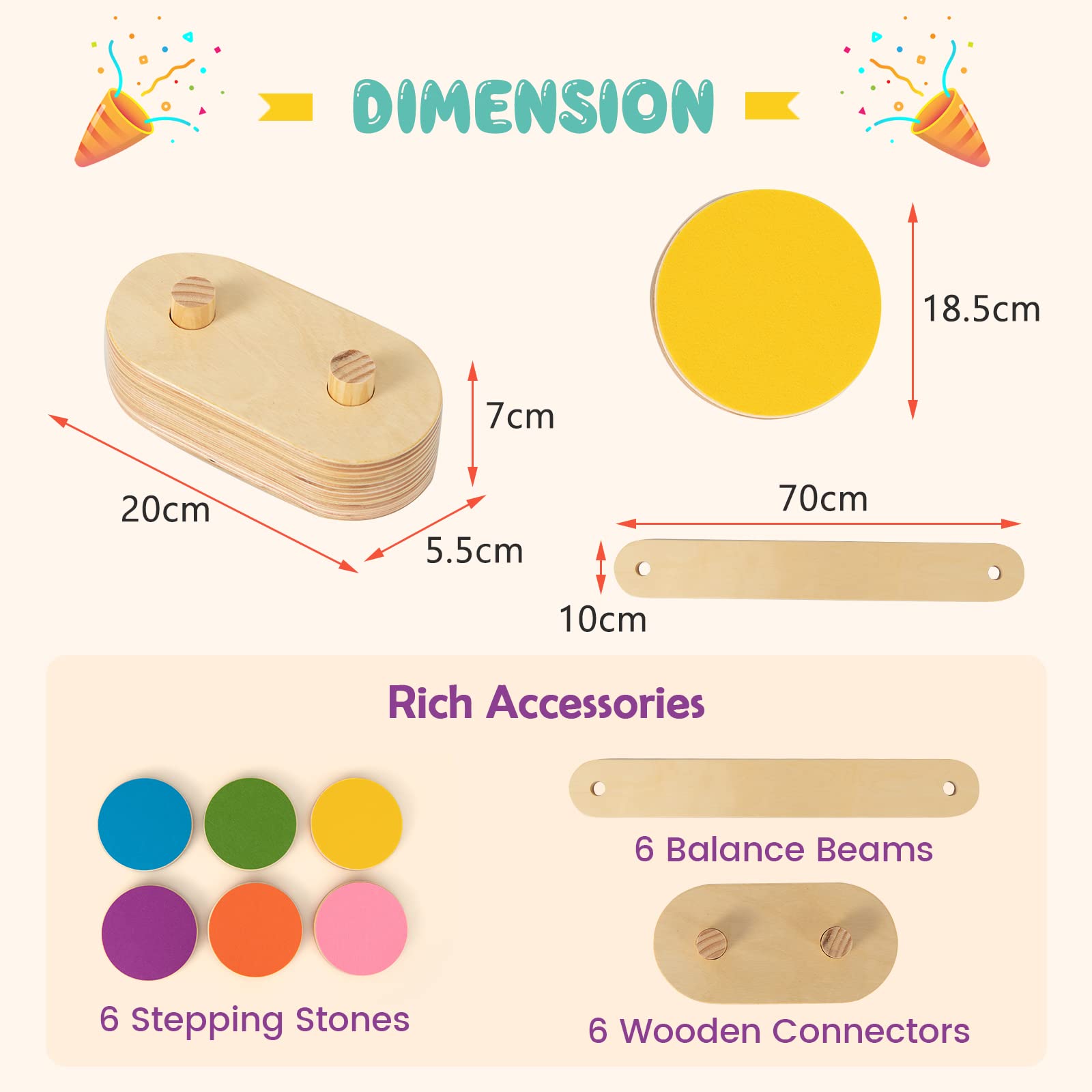 GOPLUS Poutre Équilibre Enfant, 12PCS Parcours de Motricité avec Pierre de Marche, Jouets d'Équilibre Intérieur en Bois, Charge 40 kg, pour 3-7 Ans, Multicolore