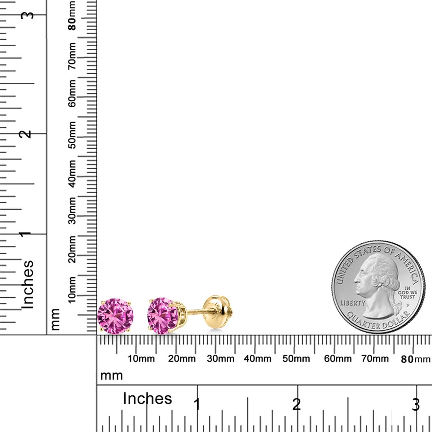Gem Stone King 14K Yellow Gold Pink Created Sapphire Stud Earrings for Women | 3.32 Cttw | Gemstone September Birthstone | Round 7MM - Image 6