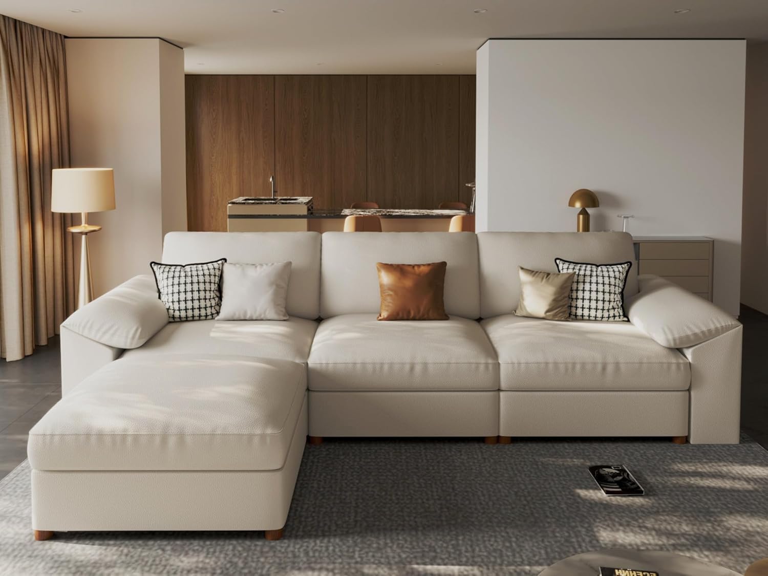 EASE MOOSE Leather Sectional Couch (Beige L Shape 4 Seat)