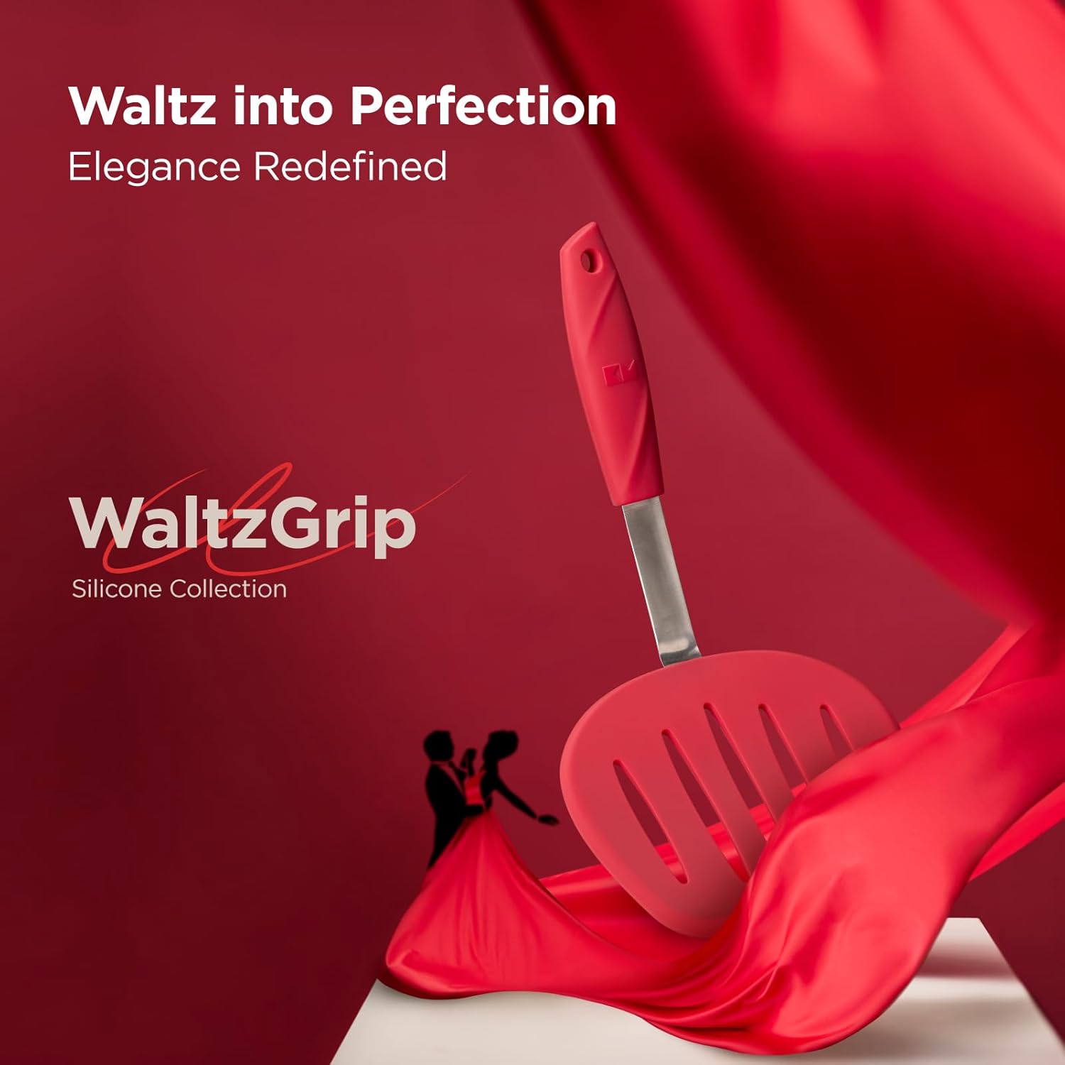 Kitchen Mama WALTZGRIP Platinum Silicone Pancake Spatula Turner: Heat-Resistant, Wide Slotted Tapered Head Stainless Steel Core. Durable, Dishwasher-Safe, Flipping Cooking Needs, Wok Use (Red)