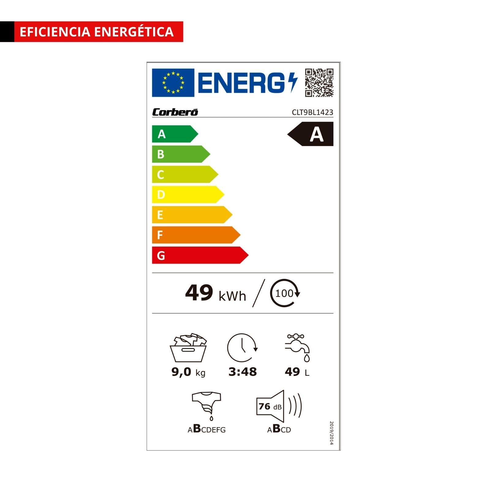 Corbero - Lavadora Carga Frontal | CLT9BL1423 | 9 Kg | 1400 Rpm Inverter | 16 Programas | Vapor | Inicio Diferido | Lavado Rápido | Puerta XXL | Blanco — view 6