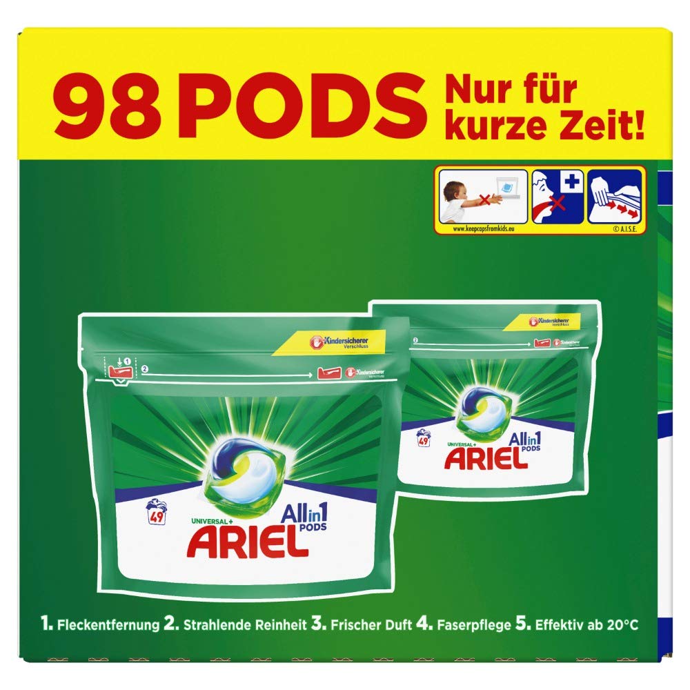 Ariel Detergente todo en 1, 98 lavados (1 unidad), aroma fresco para la ropa y pureza radiante.