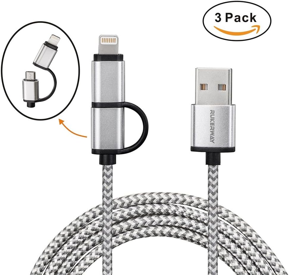 Rukerway Extra Long Lightning and Micro USB Cable 5 Times Durable 3 Pack Nylon Braided High Speed Sync and Charging Power Cord for iPhone and Android Device