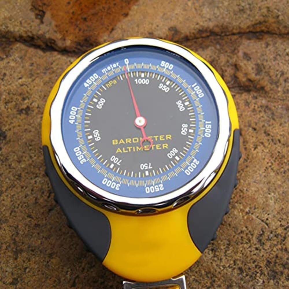 Generisch Medidor de altímetro 4 en 1 para exteriores, con presión de aire absoluta y relativa manual, para senderismo, montaña, camping, color amarillo (85 x 68 x 28 mm)