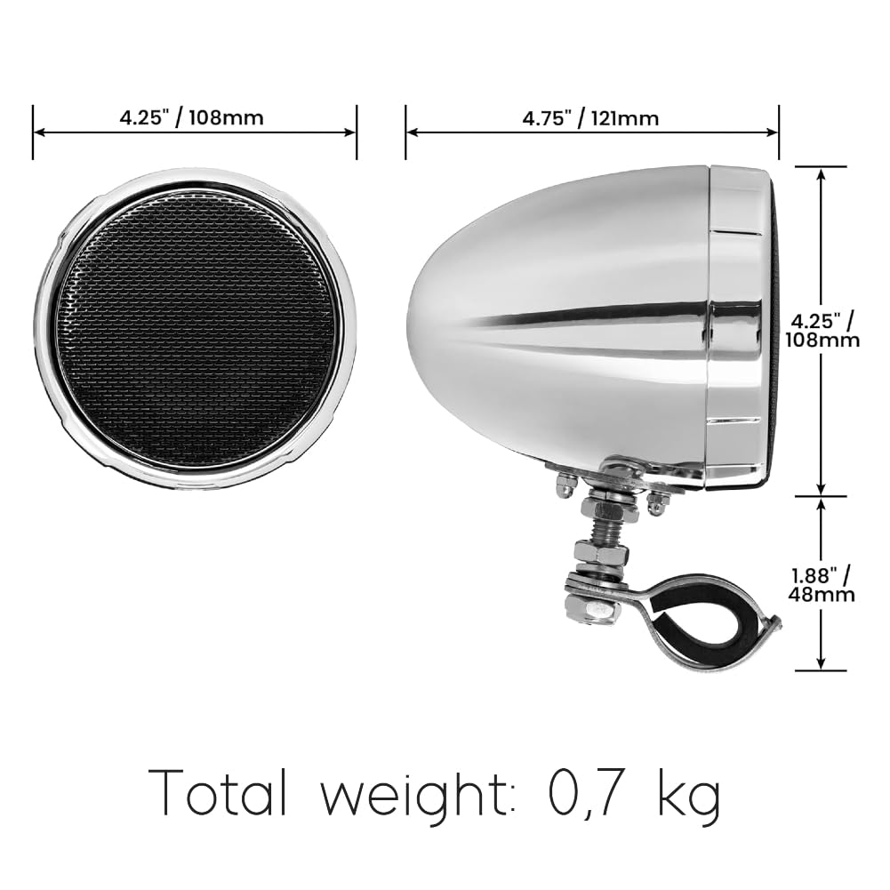 Kit Set para Boss Audio Systems MC470B, con Amplificador de Rango Completo Clase D y 4 Altavoces cromados de 3", para Motocicletas, Resistente a la Intemperie, 1 Kit