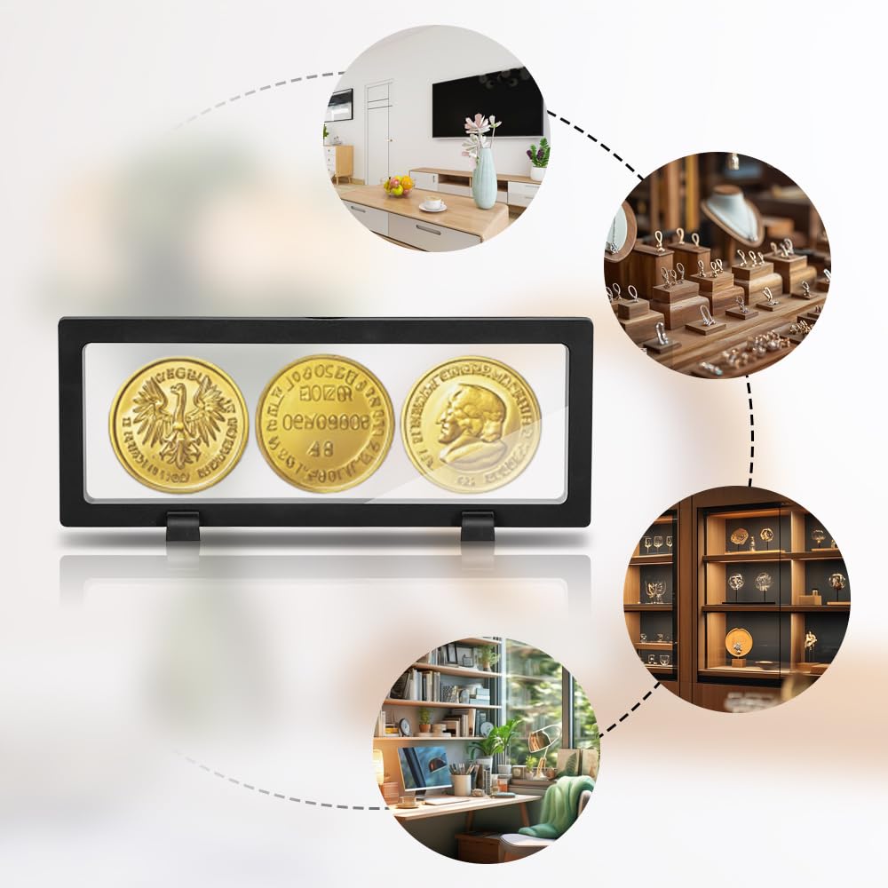 5 szt. przezroczystych 3D pływających etui z 10 uchwytami – czarna ramka na monety na medale AA, biżuterię, muszle, skamieniałości (230 x 90 x 20 mm)