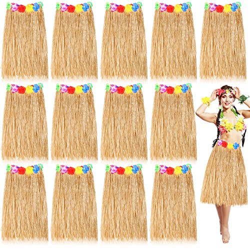Unittype 12 Pcs Hawaiian Luau Grass Skirts Bulk 23.6 Inch Straw Color Elastic Hibiscus Flowers Luau Hula Skirt for Tropical Beach Party Costume