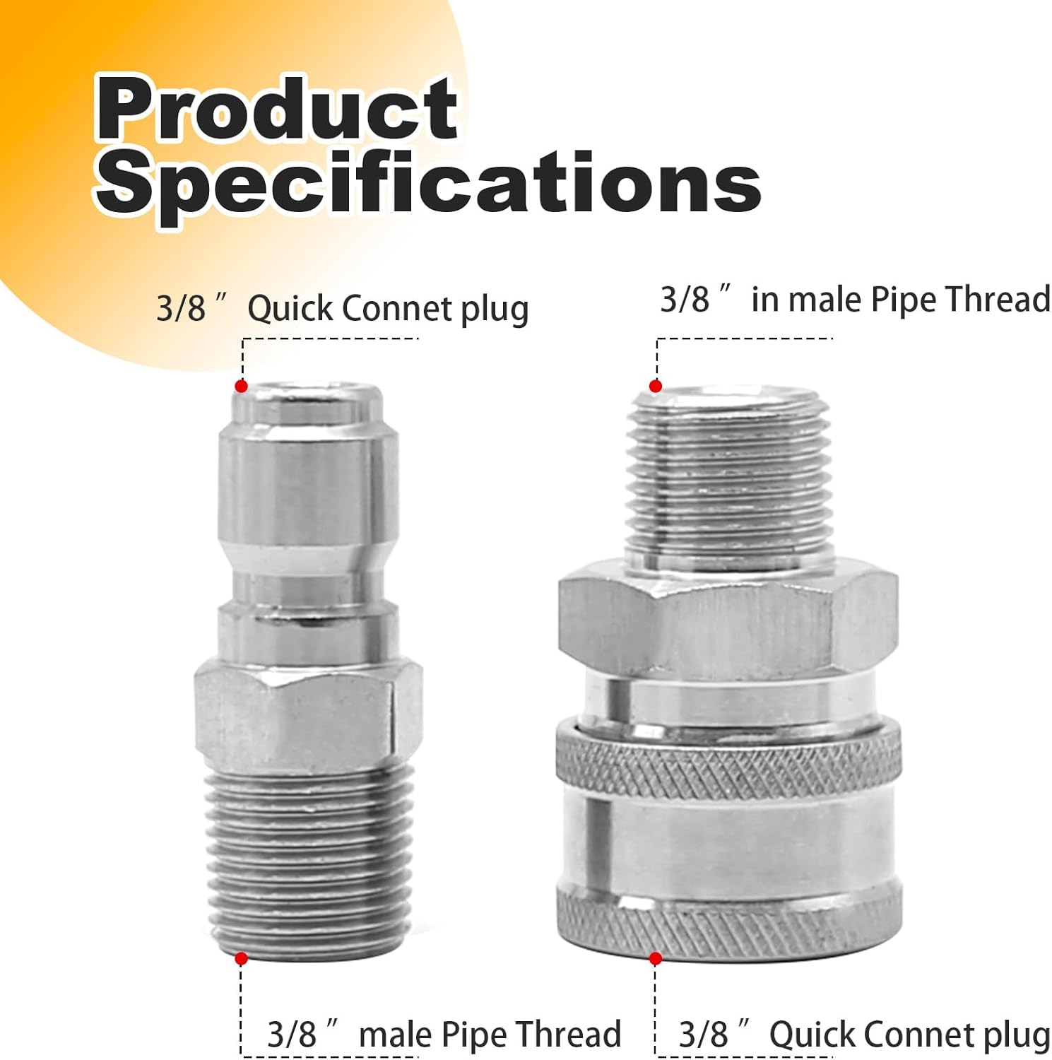 2 Pieces Pressure Washer Quick Connect Kit, 3/8" Male Thread Fitting Adapter Set, 5000 PSI