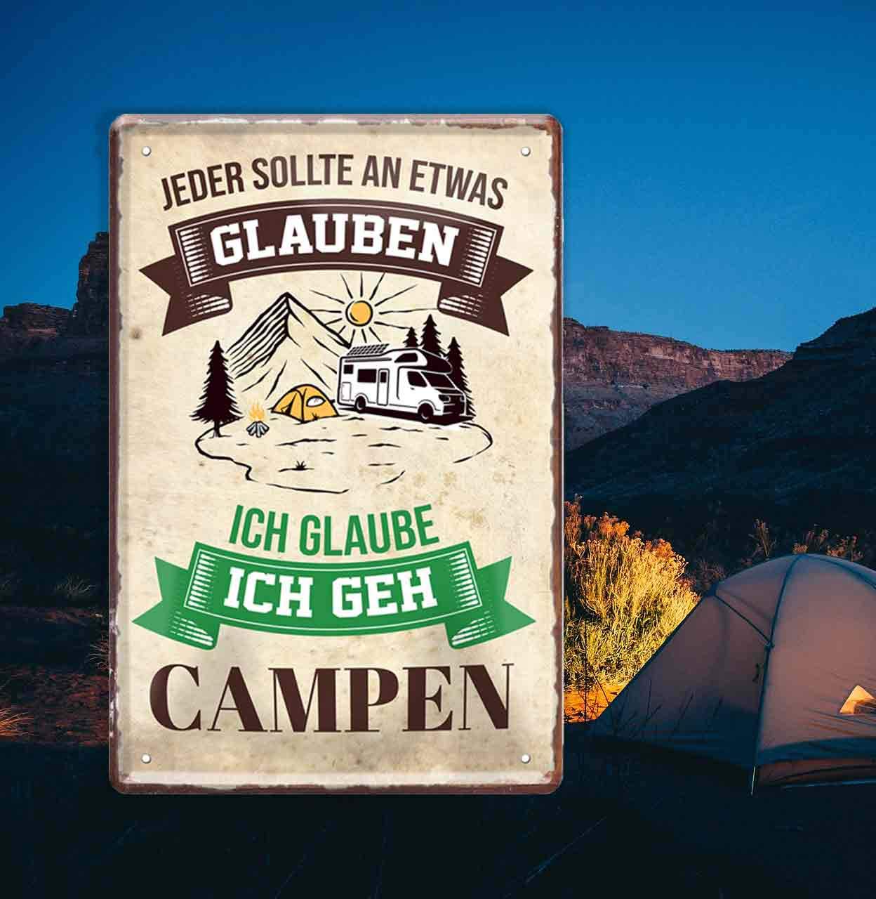 LANOLU Retro metalen bord met spreuk Camping Wege zum Glück - Cadeau voor campers - Grappige caravan decoratie - Camping Regels - Metalen bord in houtlook