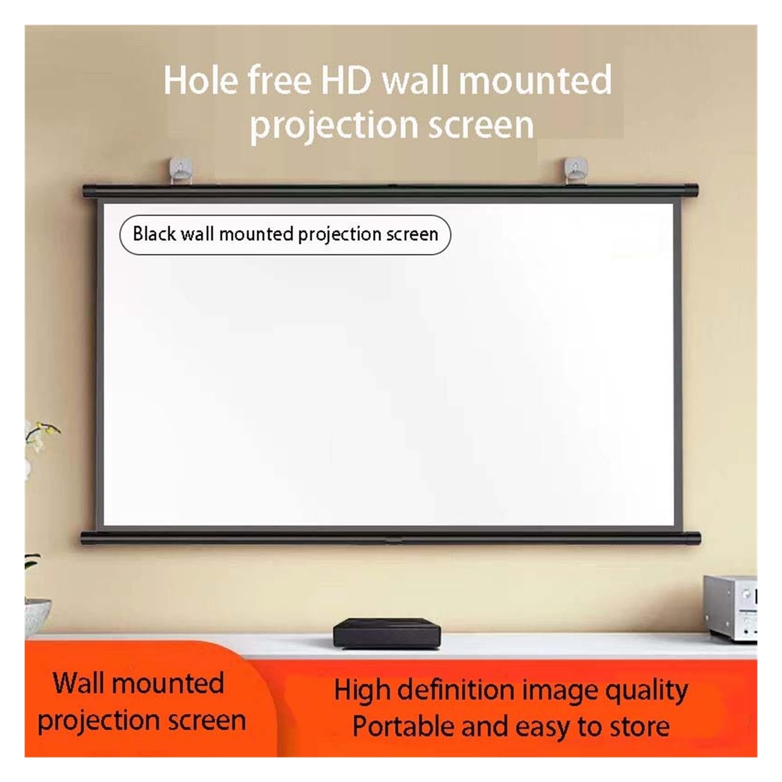 Thinyou pantalla de proyector montada en la pared 3D 60 pulgadas, 72, 84, 100, 16:9, compatible con 4K utilizado for cine casa Mo(Black Glass F 72inch)