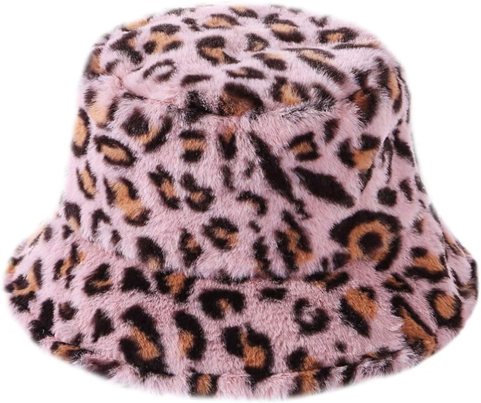 VALICLUD Leopard Print Plush Hat Women's Bucket Cap