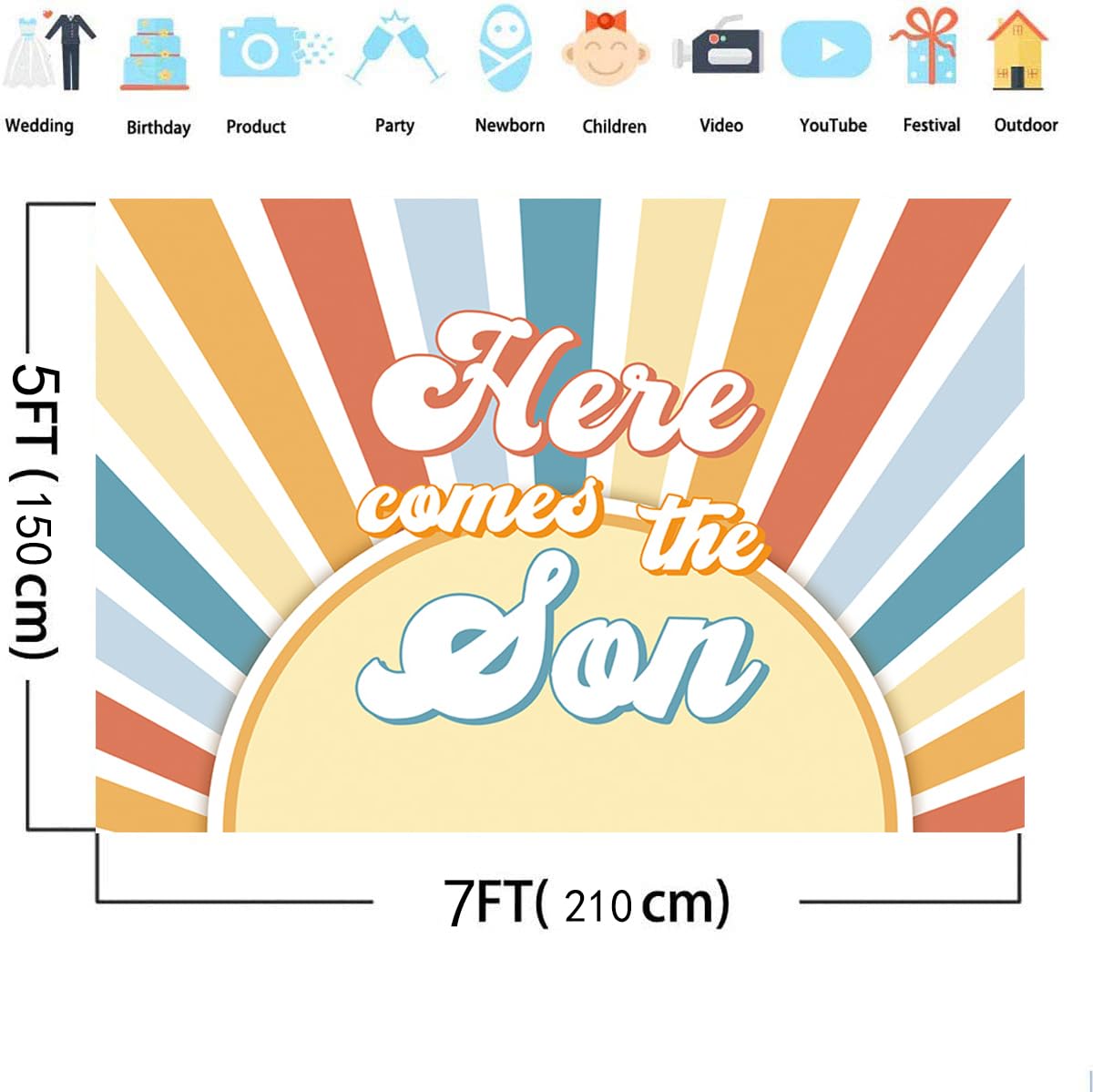 "Here Comes The Son" Babyparty-Hintergrund – Retro-Sonnenschein-Design, 183 X 100 Cm, Aus Polyester