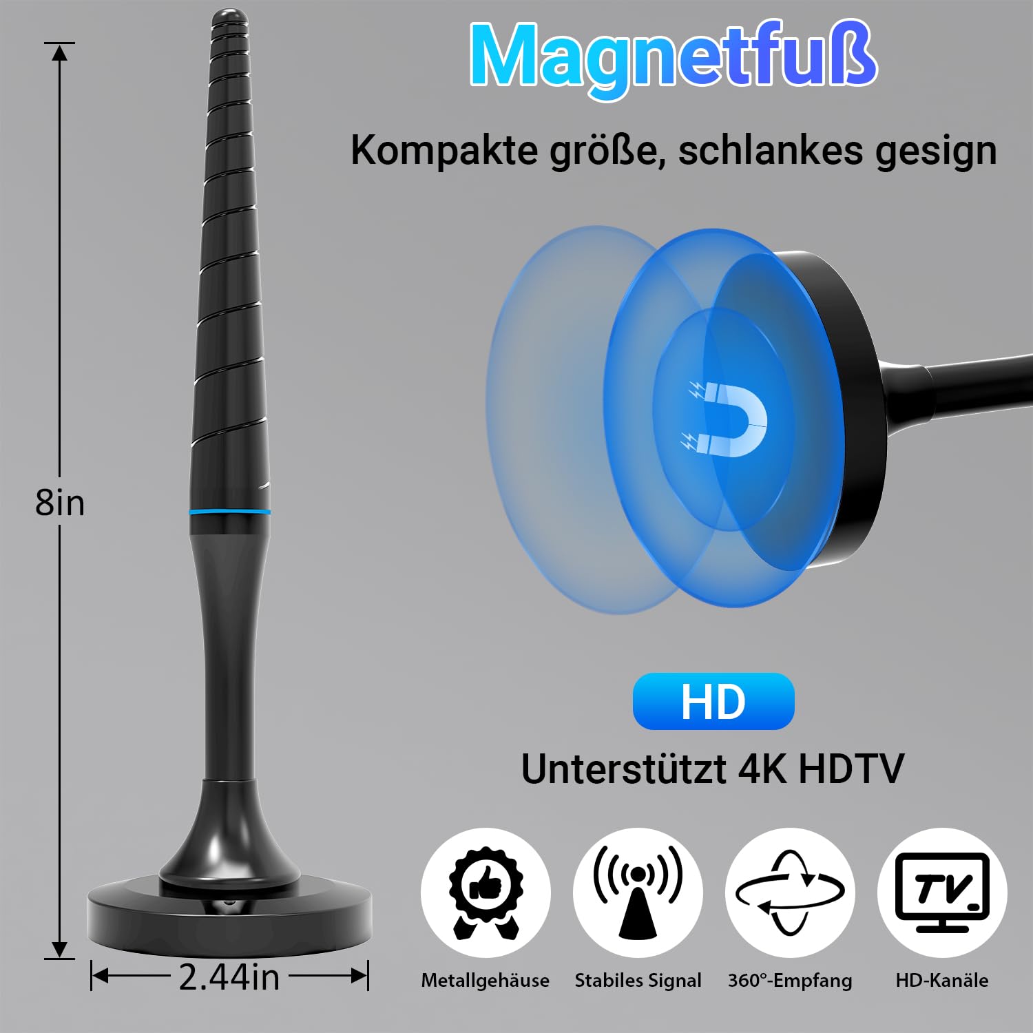 DVB-T/DVB-T2 Antenne mit Verstärker, 360° Empfang & Großer Reichweite, Innen TV Antenne mit Magnetfuß & 5M Koaxialkabel, Unterstützt 4K 1080P DAB/UHF/VHF, Kompatibel mit Allen Fernsehern