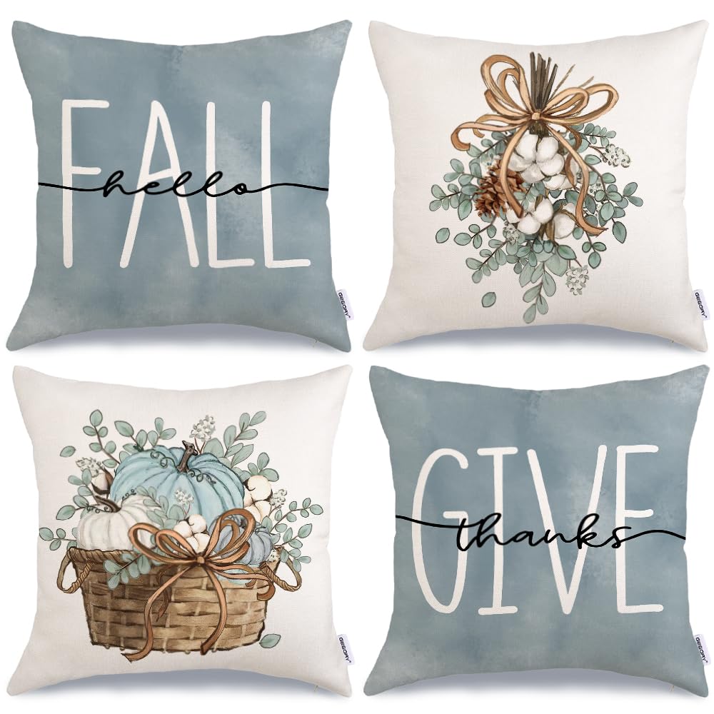 GEEORY Fall Pillow Covers 18 x 18 Inch Set of 4, Pumpkin Basket Cotton Eucalyptus Leaves Give Thanks Decorative Throw Cushion Cases Farmhouse Indoor Decoration Home Decor for Sofa Couch (Blue) G385-18