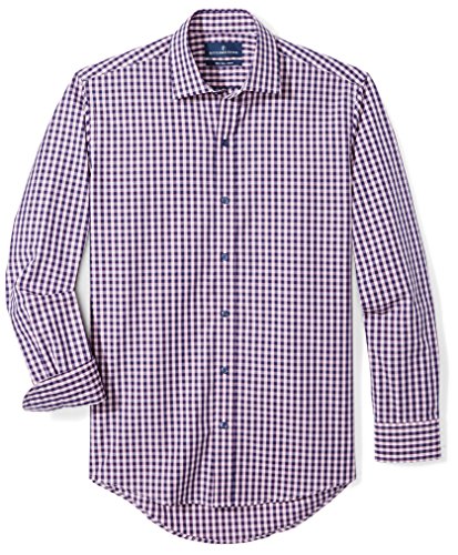 BUTTONED DOWN Men's Slim Fit Supima Cotton Spread-Collar Dress Casual Shirt, Navy/Berry Check, 16-16.5