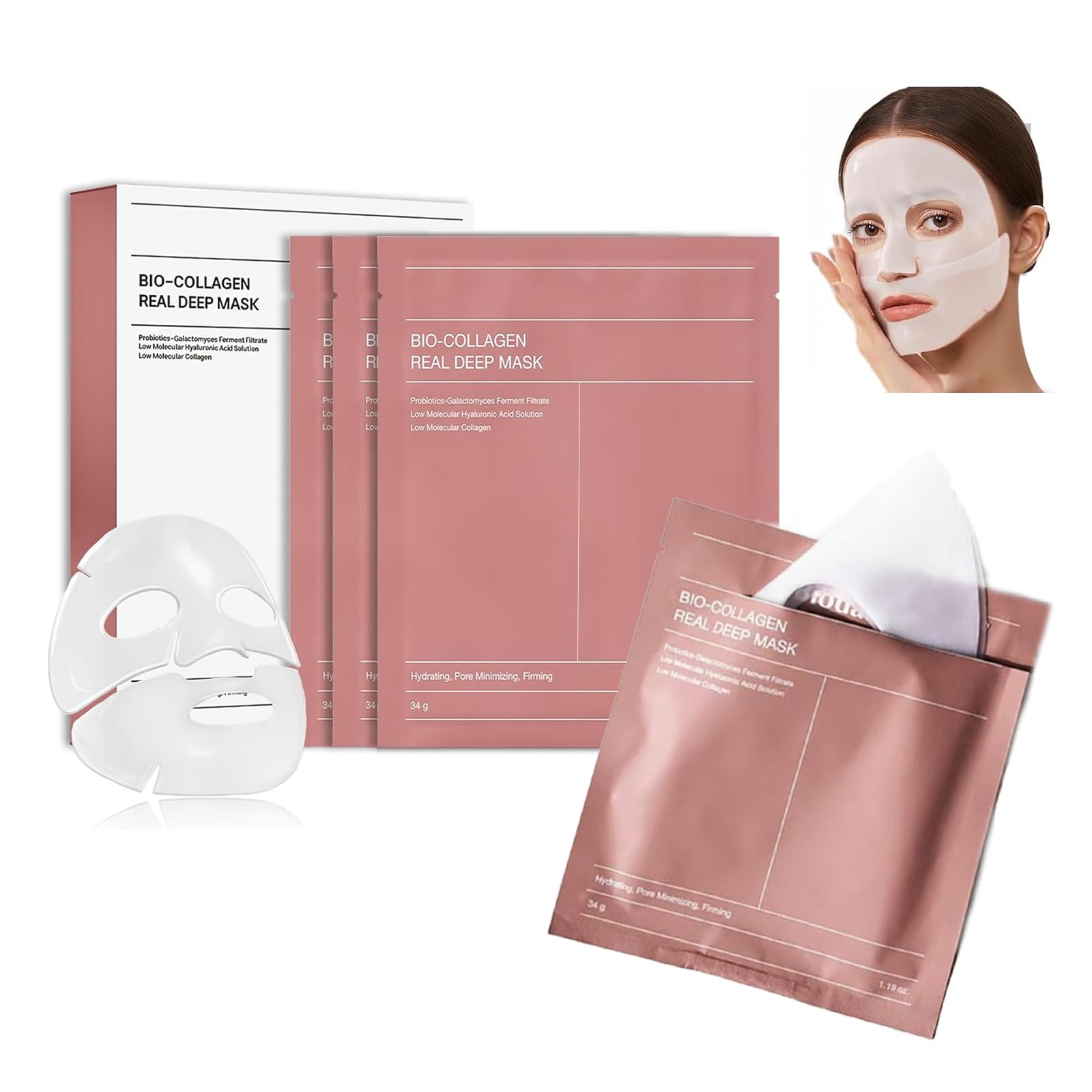 BIO COLLAGEN-MASK, Deep Collagen Anti-Wrinkle Moisturising Mask - Anti-Wrinkle, Korean Overnight Mask, Pore Shrinking (Pack of 4)