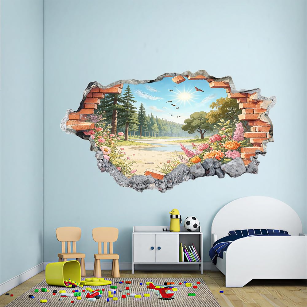 3D Wandtattoo Durchbruch Wanddeko Waldvogel Sonnenschein Wanddurchbruch sticker Wandbild Wandsticker Frühlingshafte Naturlandschaft Wohnzimmer Wanddeko Wandaufkleber für Kinderzimmer Teenager Zimmer