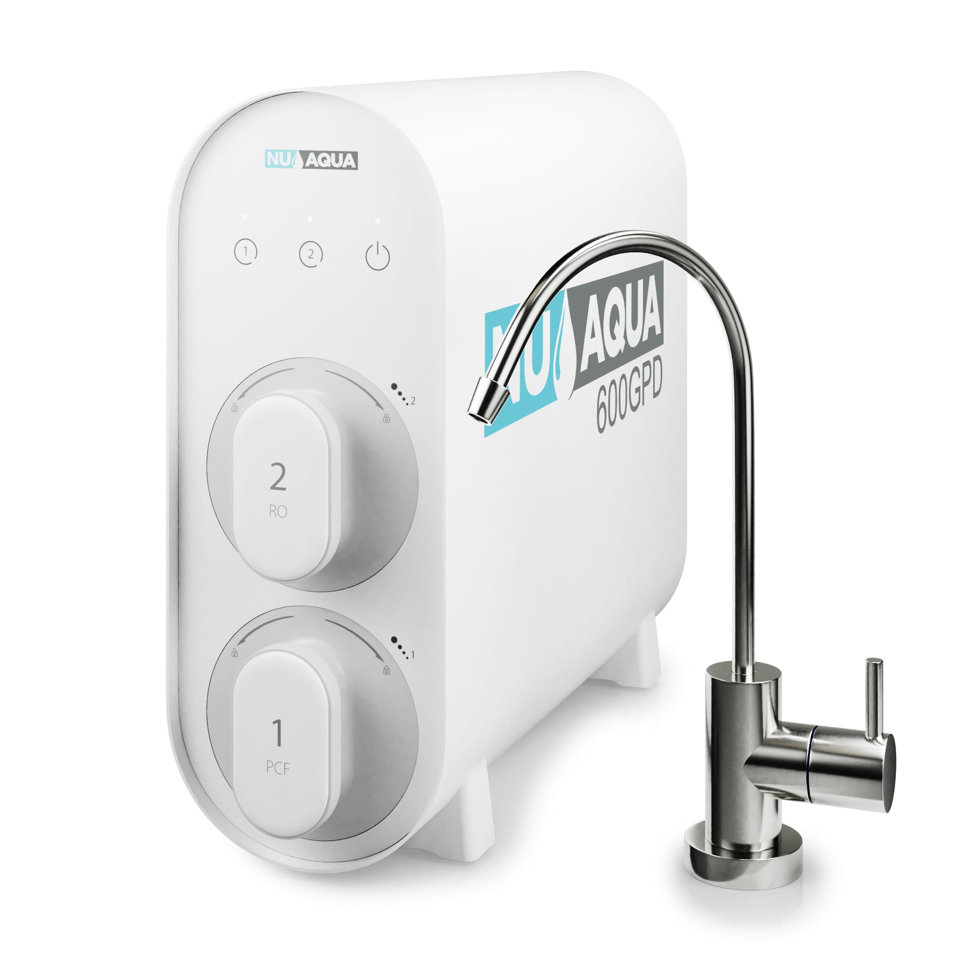 NU Aqua 3 Stage 600GPD Undersink Tankless Reverse Osmosis Water Filter System - 2:1 Pure to Drain - Smart LED Kitchen Countertop Chrome Faucet - 600 GPD Under Sink Drinking Purifier RO Filtration