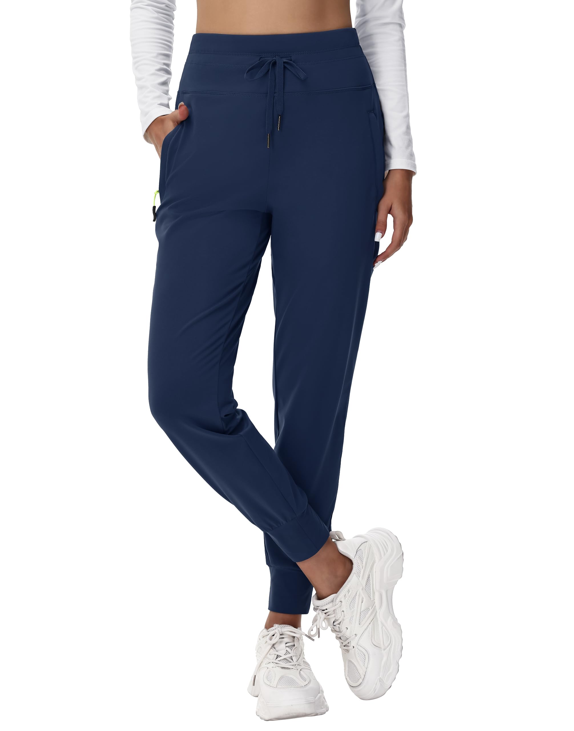 MIVEI Women's Fleece Lined Joggers Hiking Water-Resistant Sweatpants with Zip Pockets Winter Thermal Running Ski Golf Pants Navy Blue