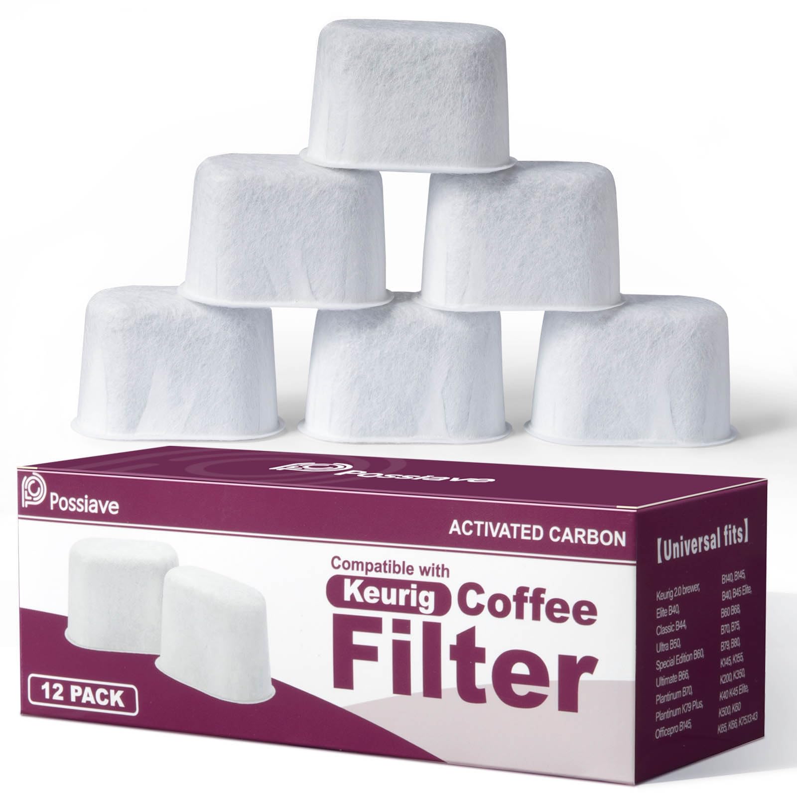 12 Pack Keurig Compatible Water Filters Replacement by Possiave - Charcoal Water Filters for Keurig - Fit Keurig 2.0 and 1.0 Classic Coffee Makers