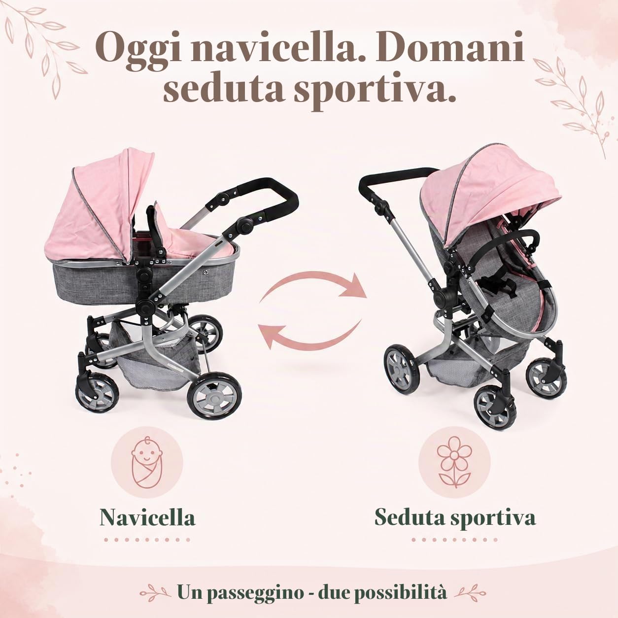 Bayer Chic 2000 - Passeggino per bambole Mika, 2 in 1 per bambini dai 4 agli 8 anni, grigio melange rosa, 73 x 41 x 82 cm