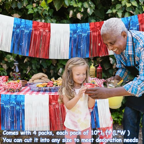 Image of 4 Pack 39 Feet Foil Fringe Garland Metallic Tinsel Streamers Banner Wall Hanging Fringe Backdrop Banner for Parade Floats Wedding Birthday Party Decoration (Royal Blue Red White)